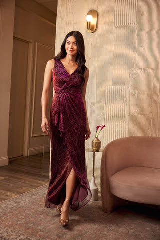 Metallic Mesh Faux Wrap Gown With Ruffle Accents In Burgundy Gold