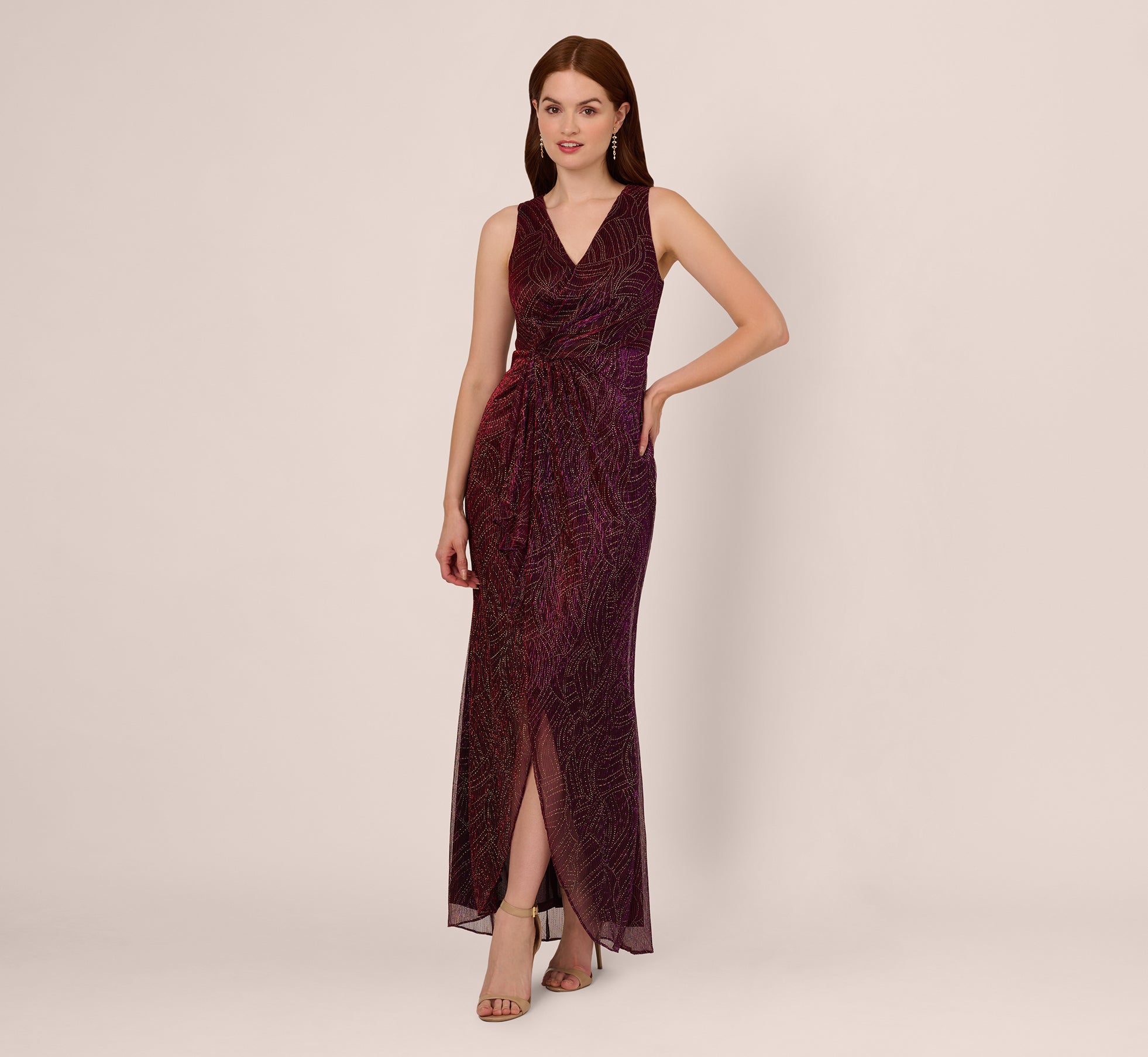 Metallic Mesh Faux Wrap Gown With Ruffle Accents In Burgundy Gold 1