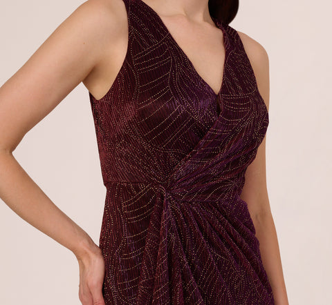 Metallic Mesh Faux Wrap Gown With Ruffle Accents In Burgundy Gold