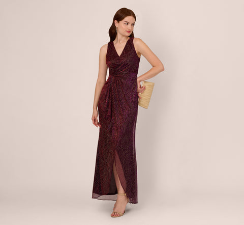 Metallic Mesh Faux Wrap Gown With Ruffle Accents In Burgundy Gold