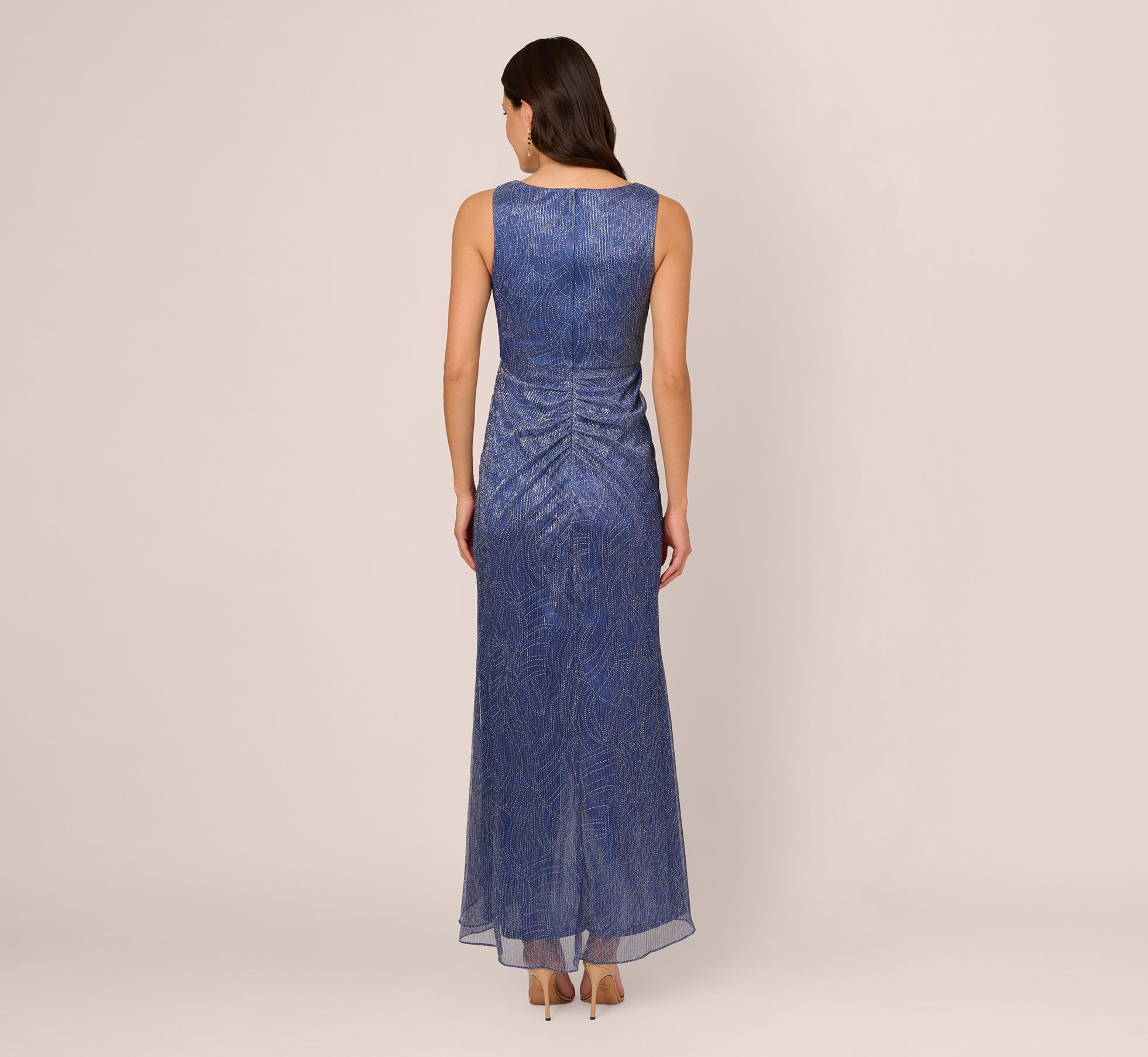 Metallic Mesh Faux Wrap Gown With Ruffle Accents In Light Navy