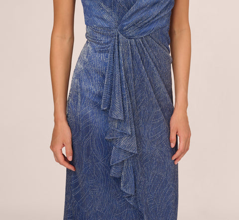 Metallic Mesh Faux Wrap Gown With Ruffle Accents In Light Navy