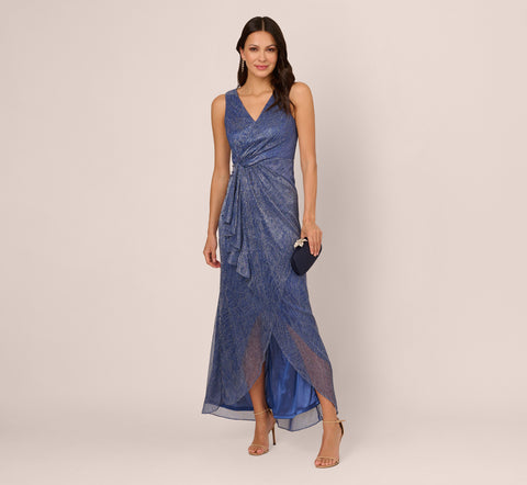 Metallic Mesh Faux Wrap Gown With Ruffle Accents In Light Navy Adrianna Papell