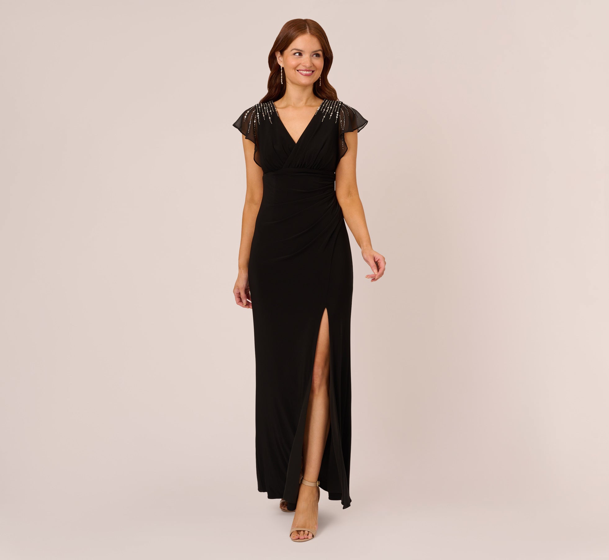 Flutter Sleeve Mermaid Gown With Beaded Details In Black