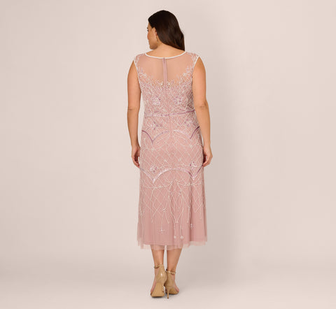 Plus Size Beaded Ankle-Length Dress With Sheer Neckline In Dusted Petal Ivory