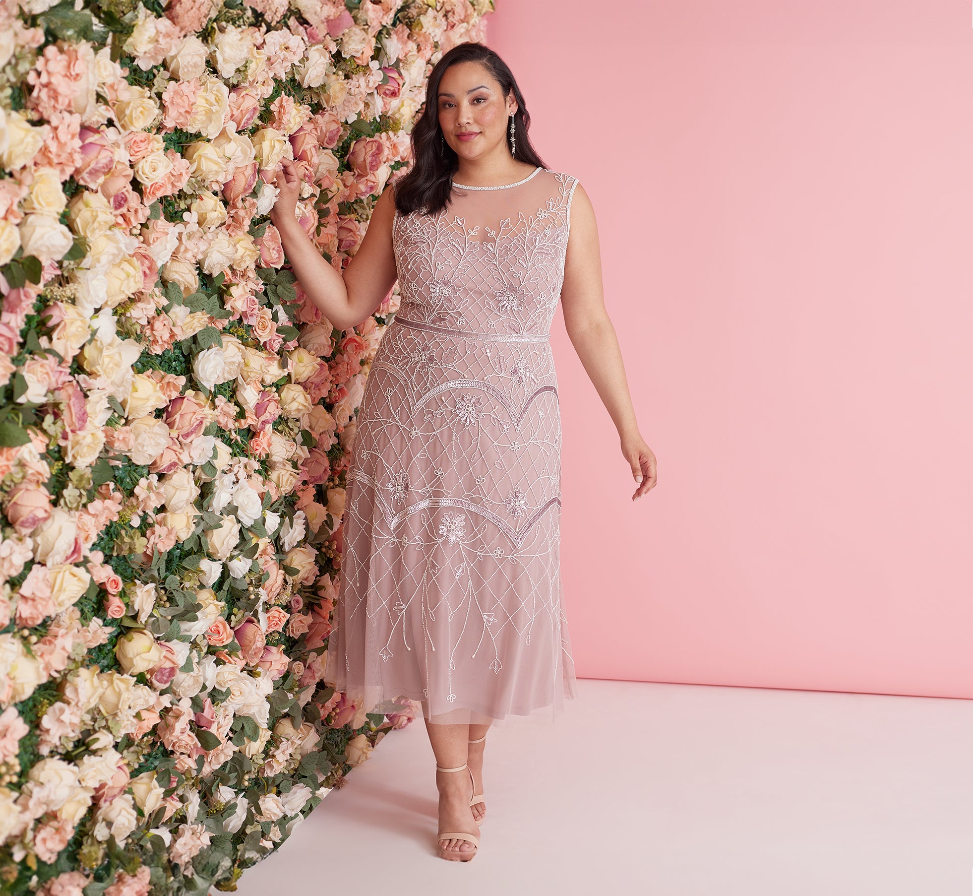 Plus Size Beaded Ankle-Length Dress With Sheer Neckline In Dusted