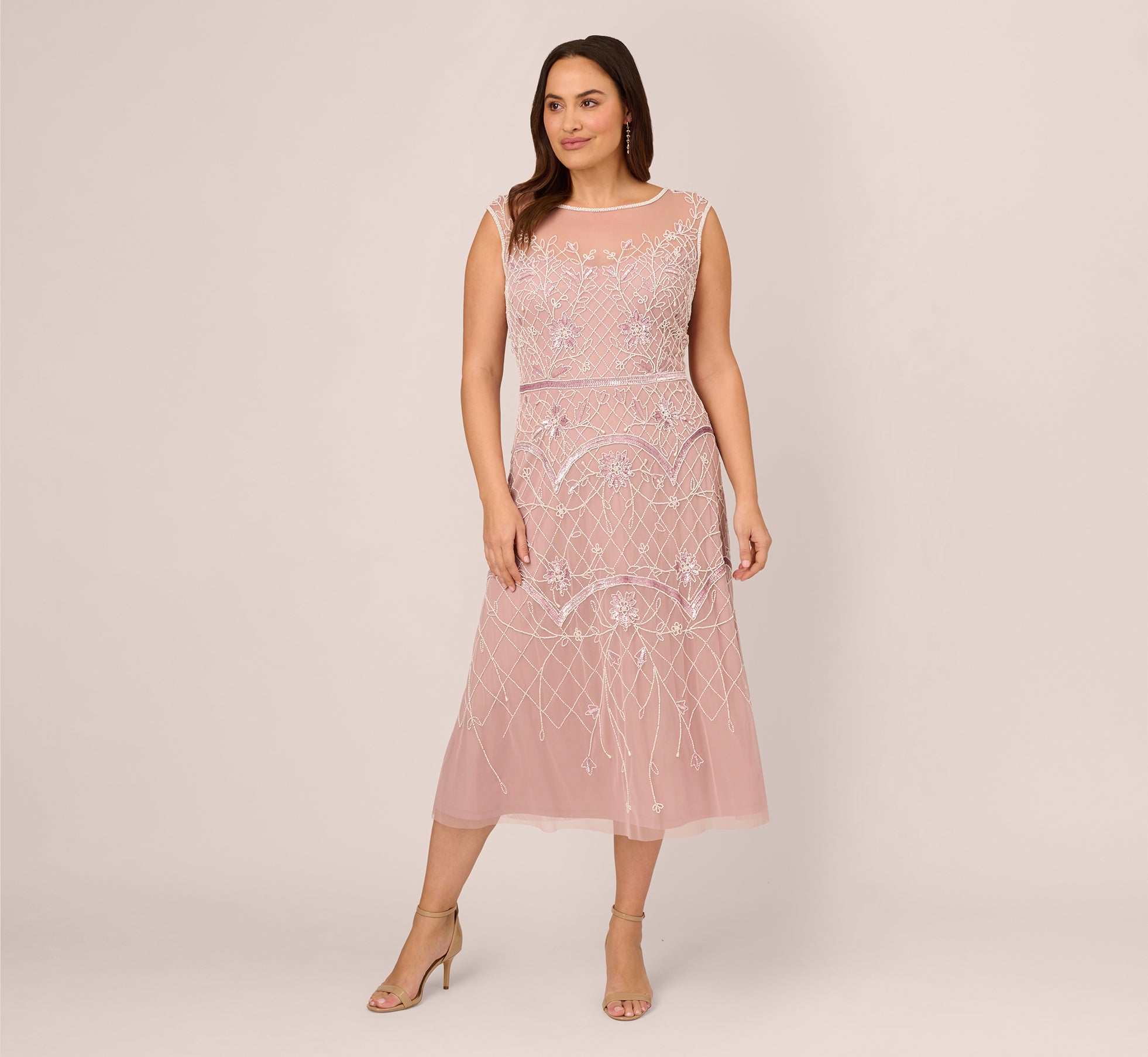 Plus Size Beaded Ankle Length Dress With Sheer Neckline In