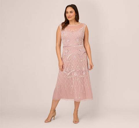 Plus Size Beaded Ankle-Length Dress With Sheer Neckline In Dusted Petal Ivory