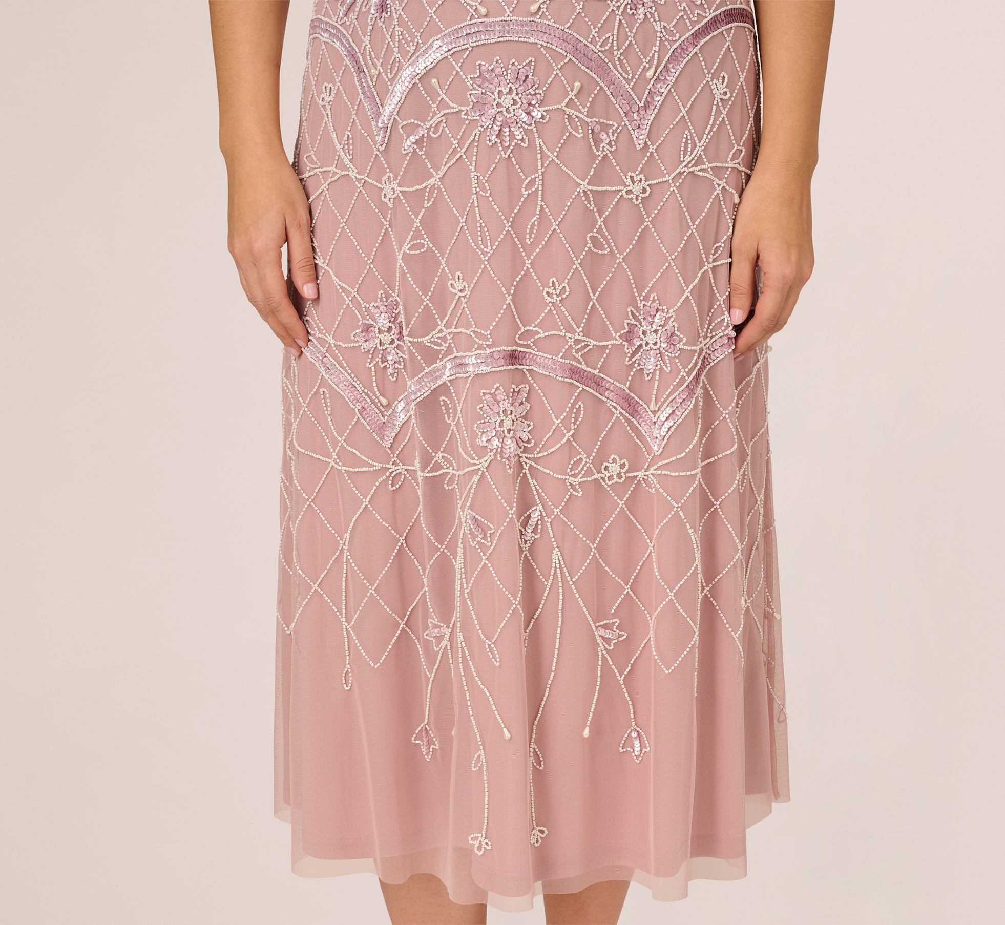 Plus Size Beaded Ankle Length Dress With Sheer Neckline In Dusted