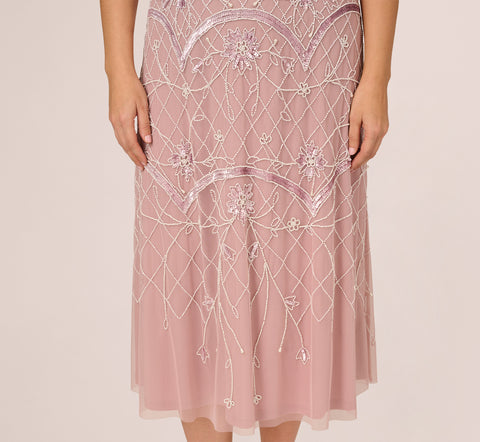 Plus Size Beaded Ankle-Length Dress With Sheer Neckline In Dusted Petal Ivory