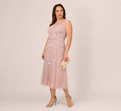 Plus Size Beaded Ankle-Length Dress With Sheer Neckline In Dusted Petal Ivory