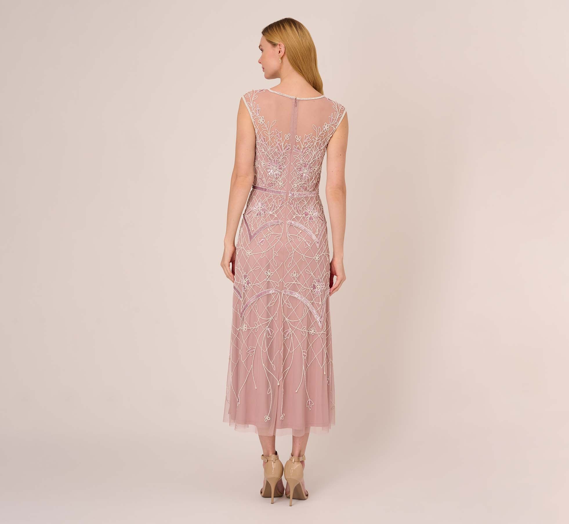 Beaded Ankle Length Dress With Sheer Neckline In Dusted Petal