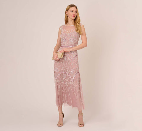 Beaded Ankle-Length Dress With Sheer Neckline In Dusted Petal Ivory