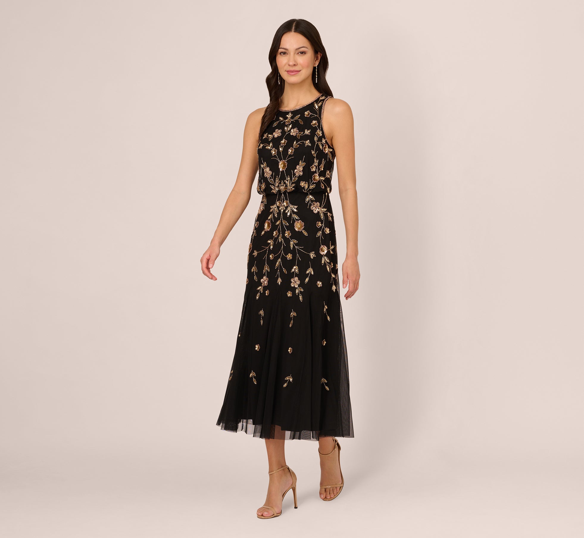 Floral Beaded Blouson Tea Length Dress In Black Gold Adrianna Papell