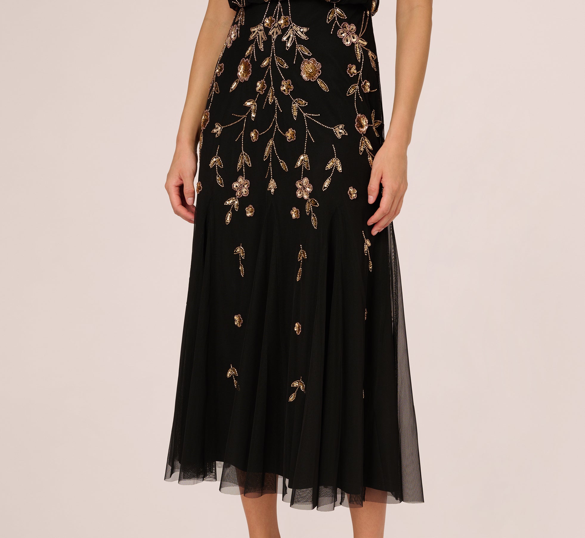 Floral Beaded Blouson Tea Length Dress In Black Gold Adrianna Papell