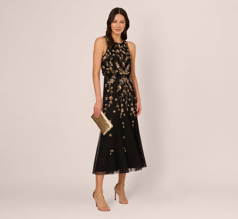 Floral Beaded Blouson Tea Length Dress In Black Gold