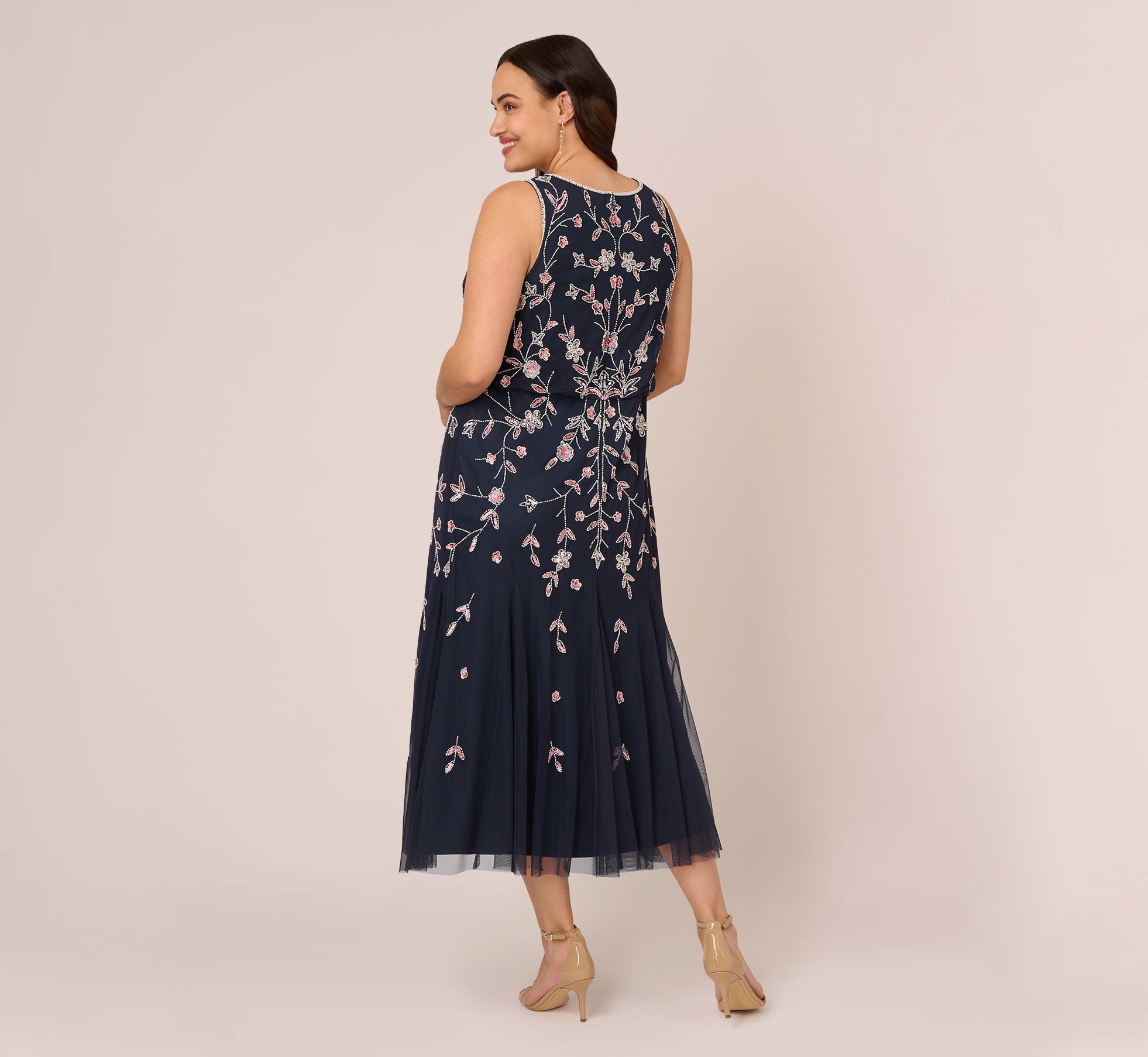 Plus Size Floral Beaded Blouson Tea Length Dress In Navy Blush