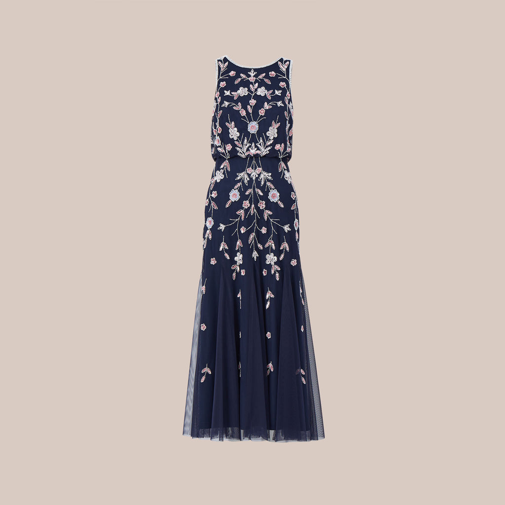 Needle & Thread Embroidered Maxi Gown In Vintage Navy in Blue