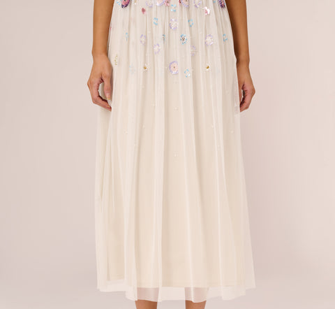 Ankle-Length Gown With Multicolor Floral Beading In Ivory Multi