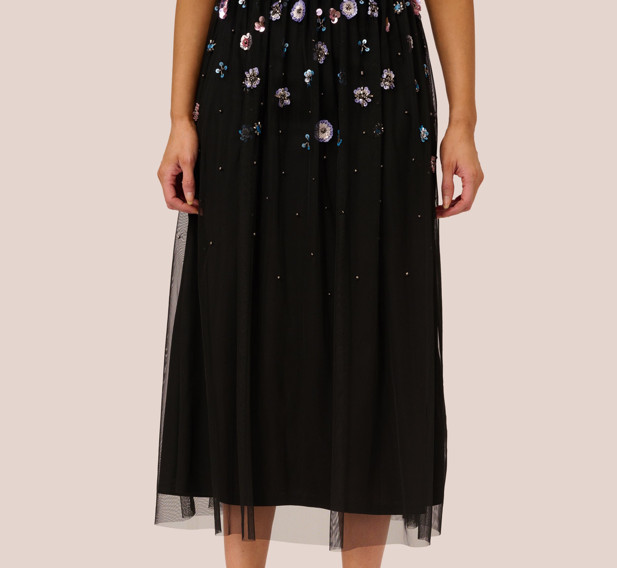 Ankle Length Gown With Multicolor Floral Beading In Black Multi