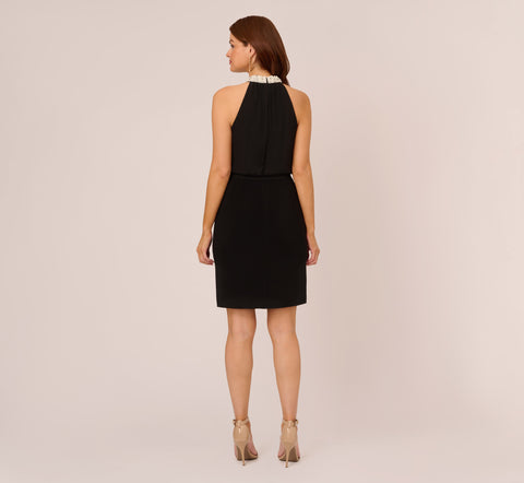 Jersey Blouson Dress With Pearl Mock Neck And Tie Waist In Black