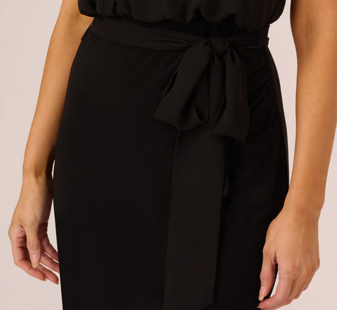 Jersey Blouson Dress With Pearl Mock Neck And Tie Waist In Black