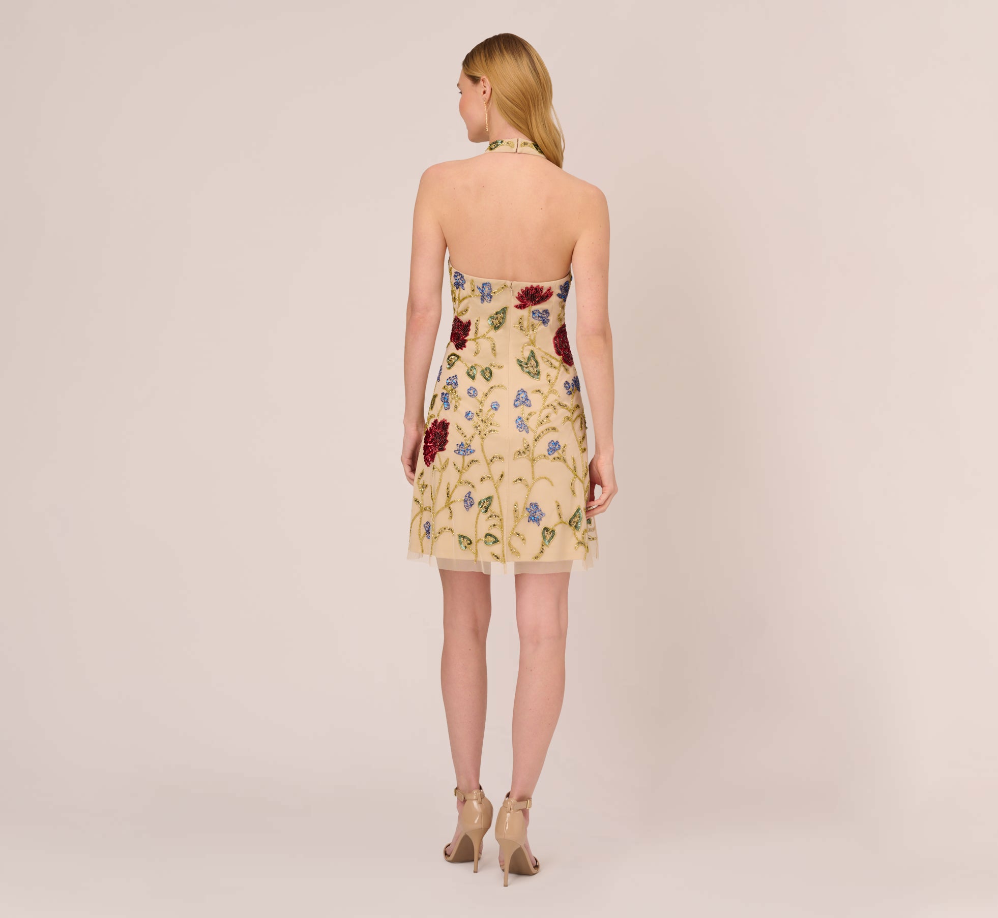 Multicolor Floral Beaded Shift Dress In Light Champagne Adrianna