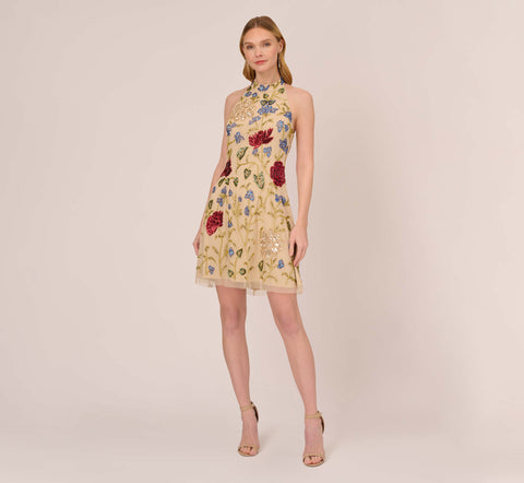Multicolor Floral Beaded Shift Dress In Light Champagne
