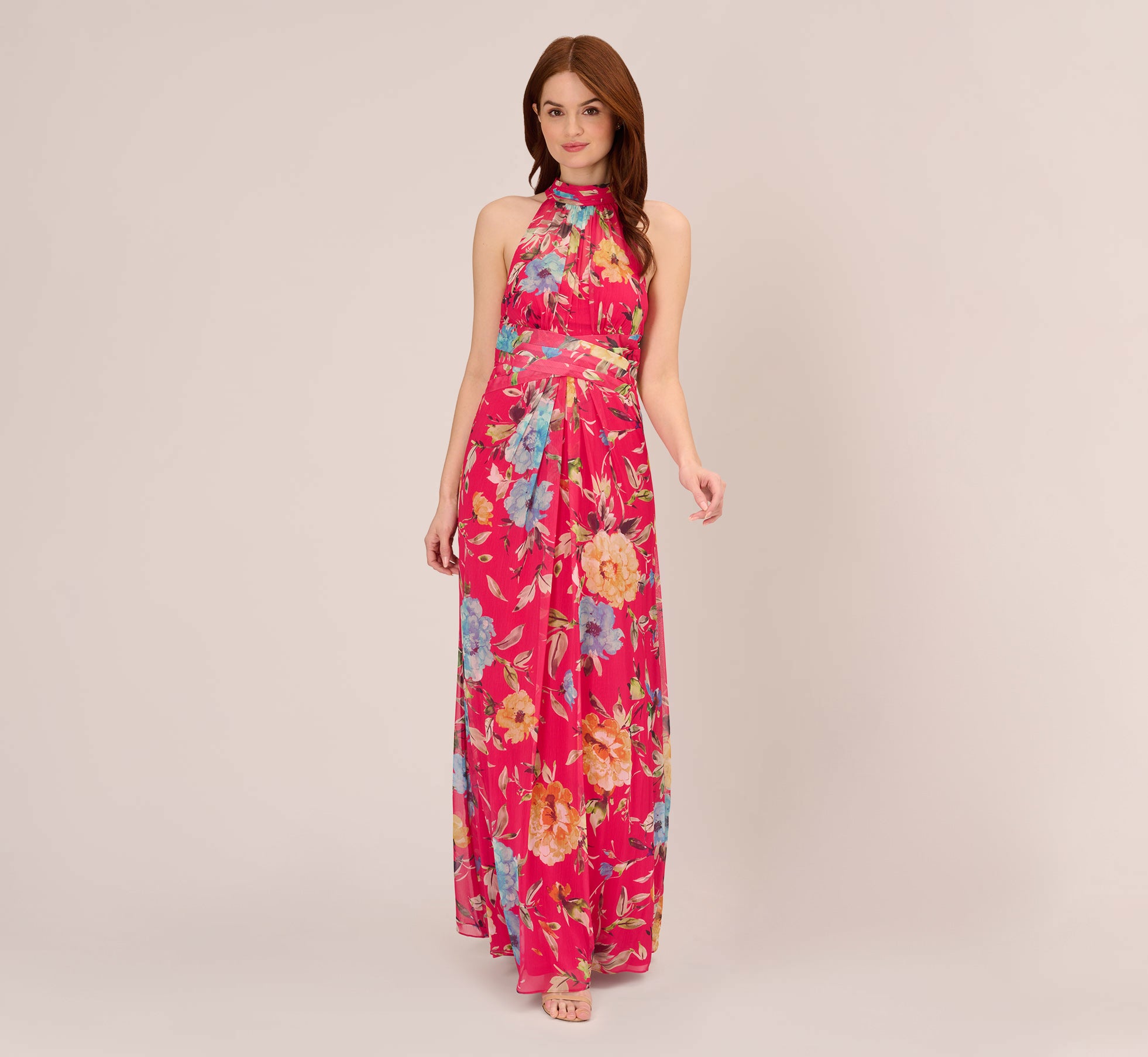 Floral Chiffon Halter Gown With Illusion Details In Pink Multi