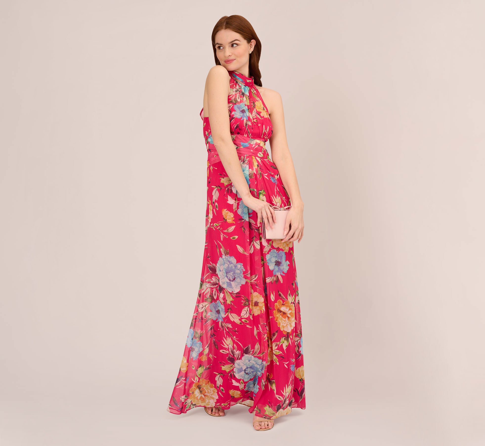 Floral Chiffon Halter Gown With Illusion Details In Pink Multi