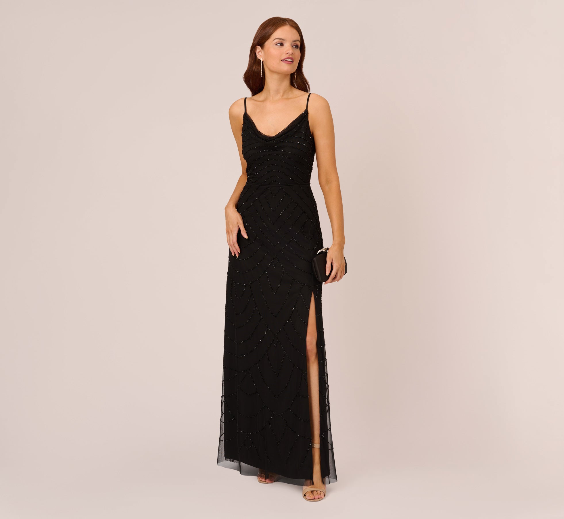 Art Deco Beaded Mermaid Gown With Cowl Neckline In Black