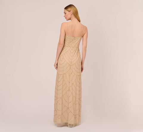 Art Deco Beaded Mermaid Gown With Cowl Neckline In Champagne Gold