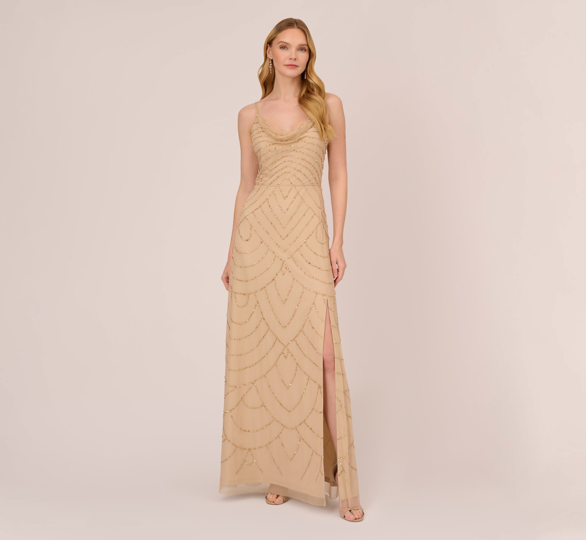 Art Deco Beaded Mermaid Gown With Cowl Neckline In