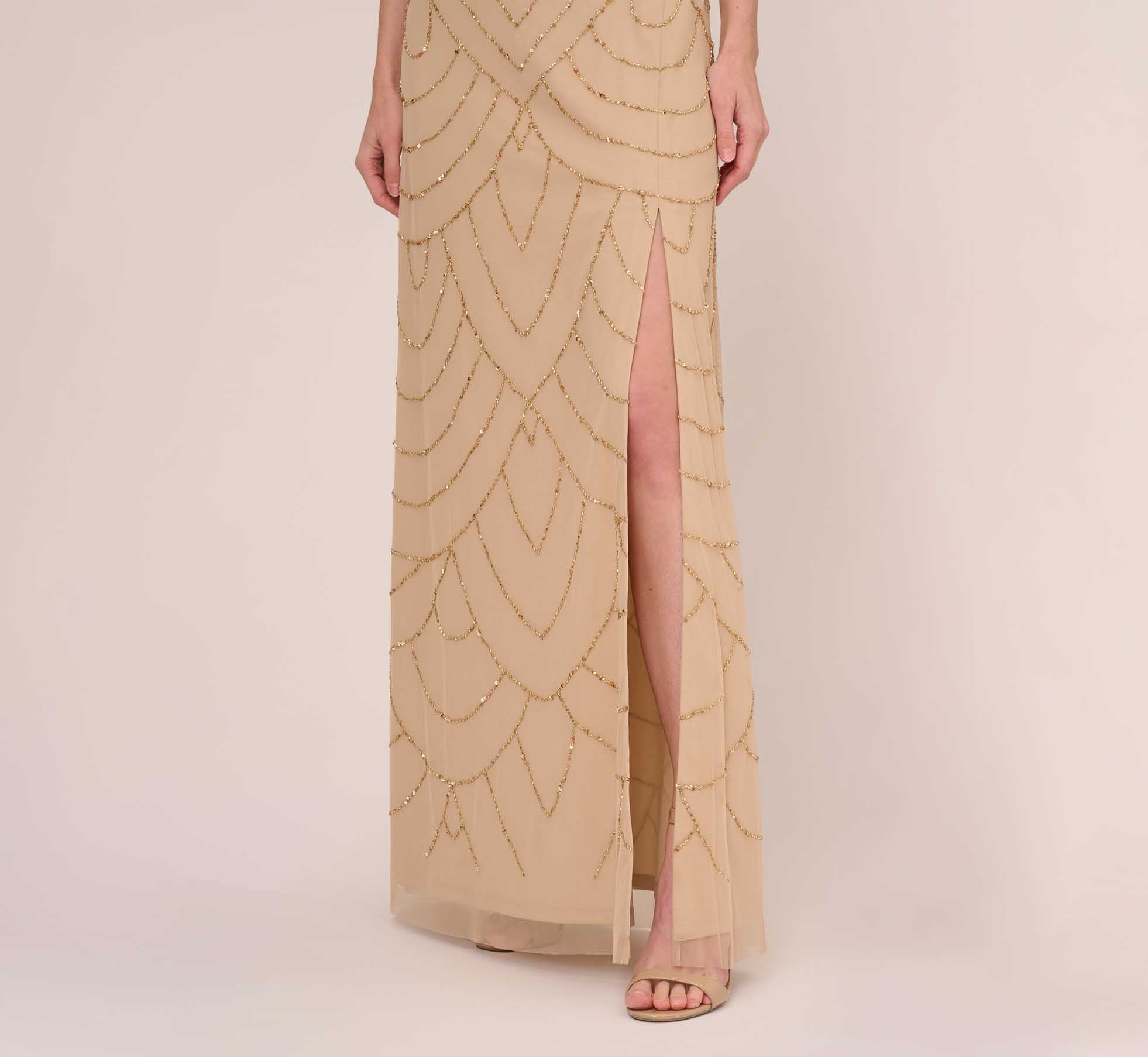 Art Deco Beaded Blouson Gown In Blush