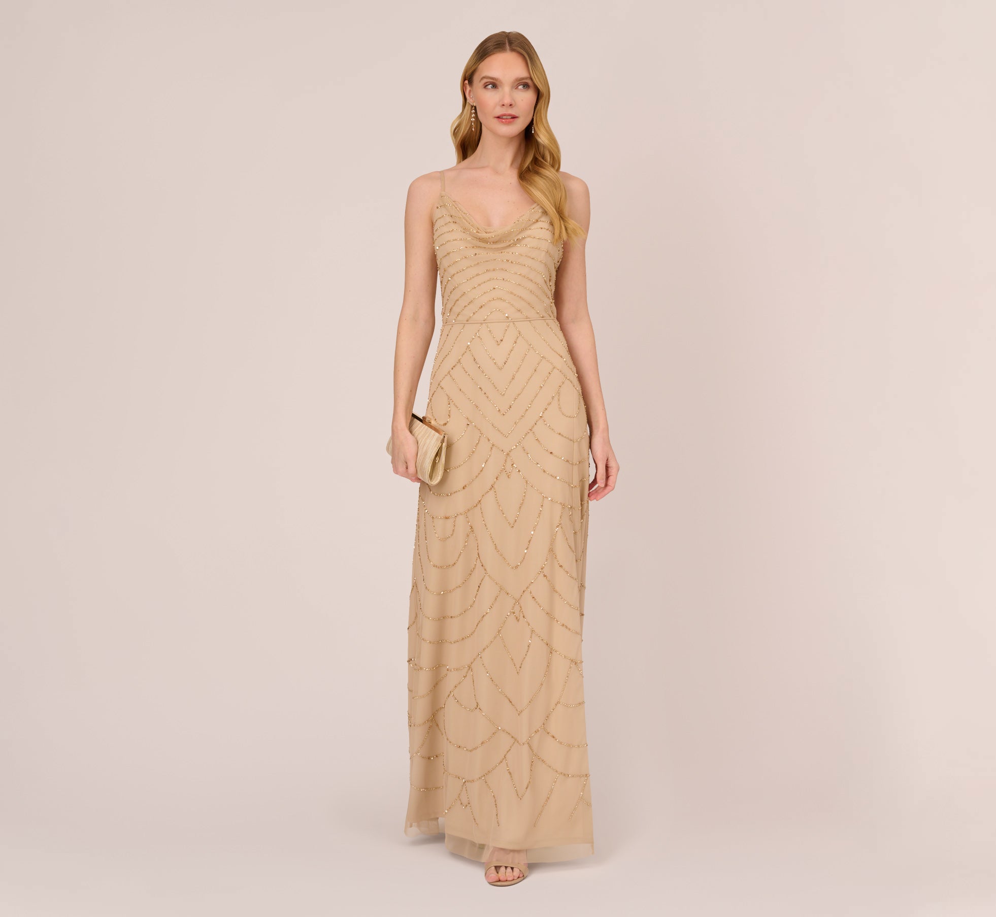 Art Deco Beaded Mermaid Gown With Cowl Neckline In