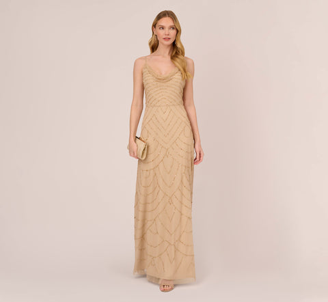 Art Deco Beaded Mermaid Gown With Cowl Neckline In Champagne Gold