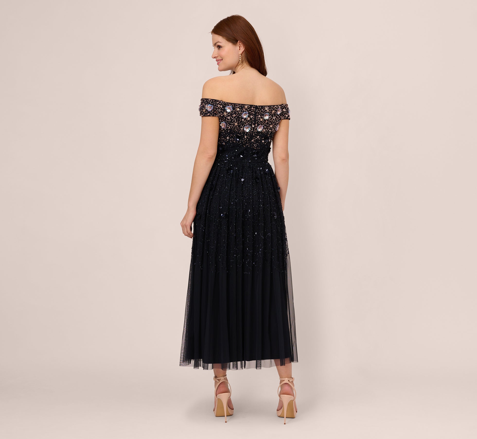 Off The Shoulder Ankle Length Beaded Dress With Sequin Rosettes In