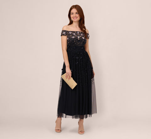 Off The Shoulder Ankle-Length Beaded Dress With Sequin Rosettes In Nav – Adrianna  Papell