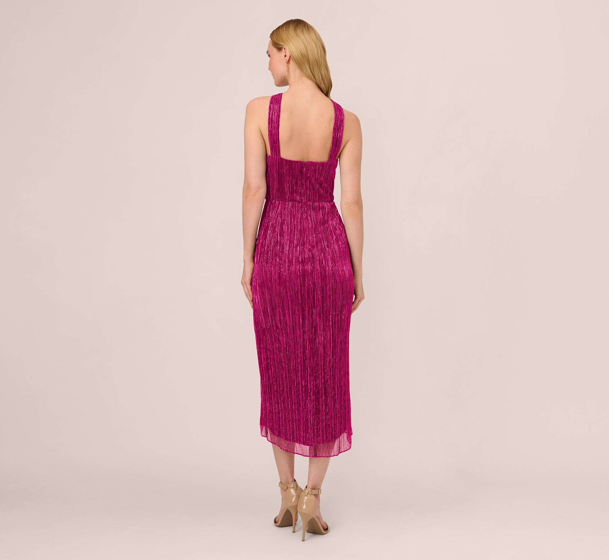 Metallic Knit Halter Midi Dress With Wrap Skirt In Magenta