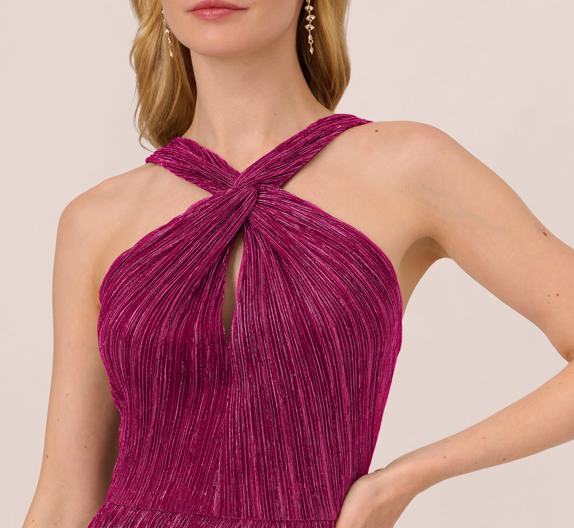 Metallic Knit Halter Midi Dress With Wrap Skirt In Magenta