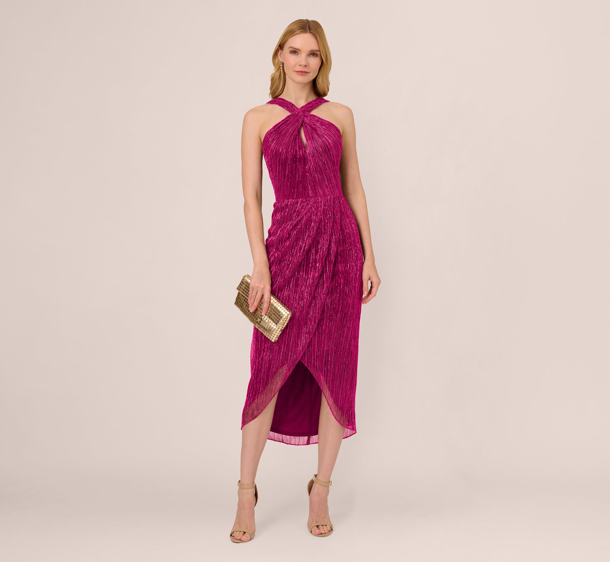 Metallic Knit Halter Midi Dress With Wrap Skirt In Magenta