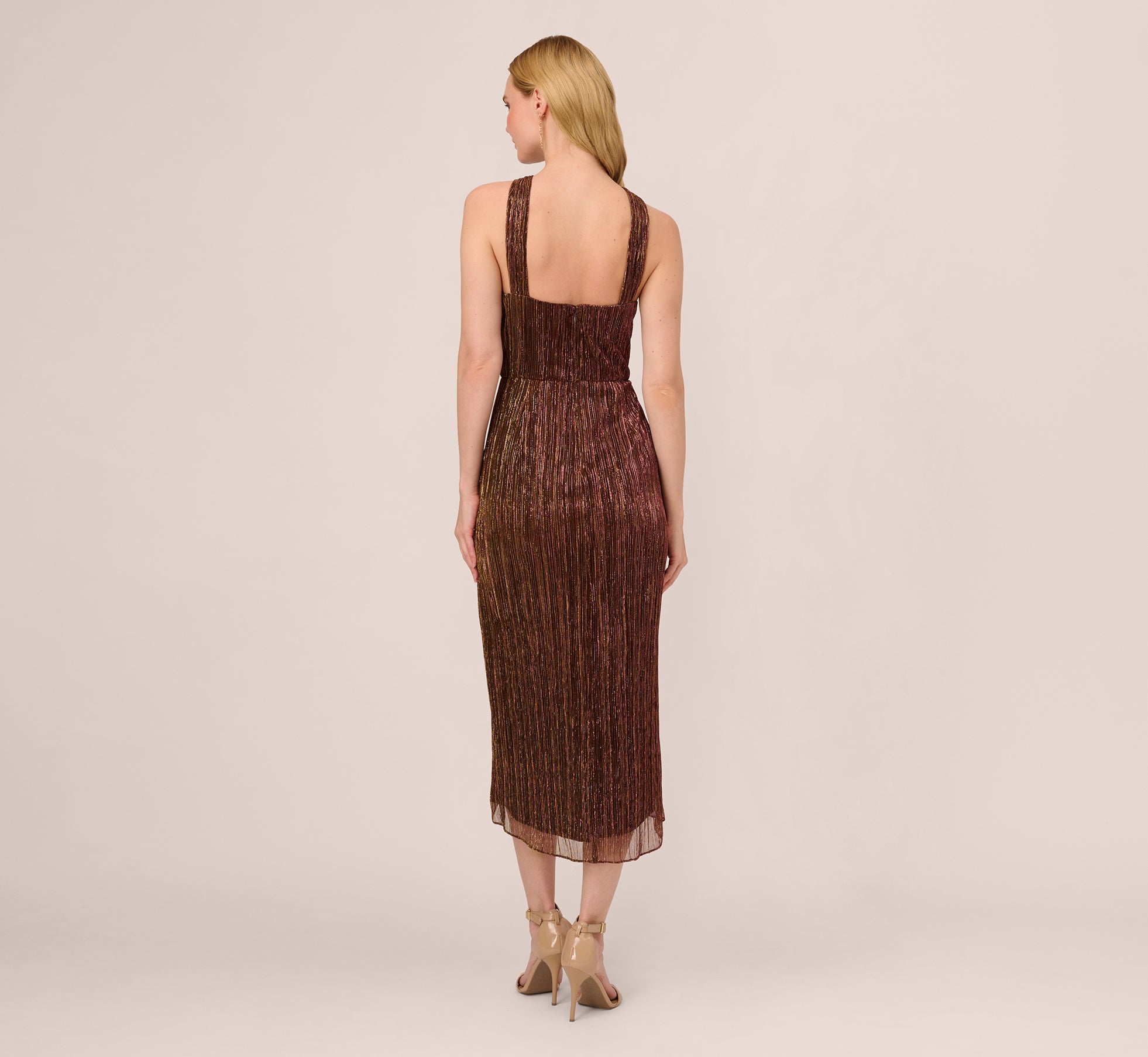 Metallic Knit Halter Midi Dress With Wrap Skirt In Copper