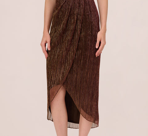 Metallic Knit Halter Midi Dress With Wrap Skirt In Copper