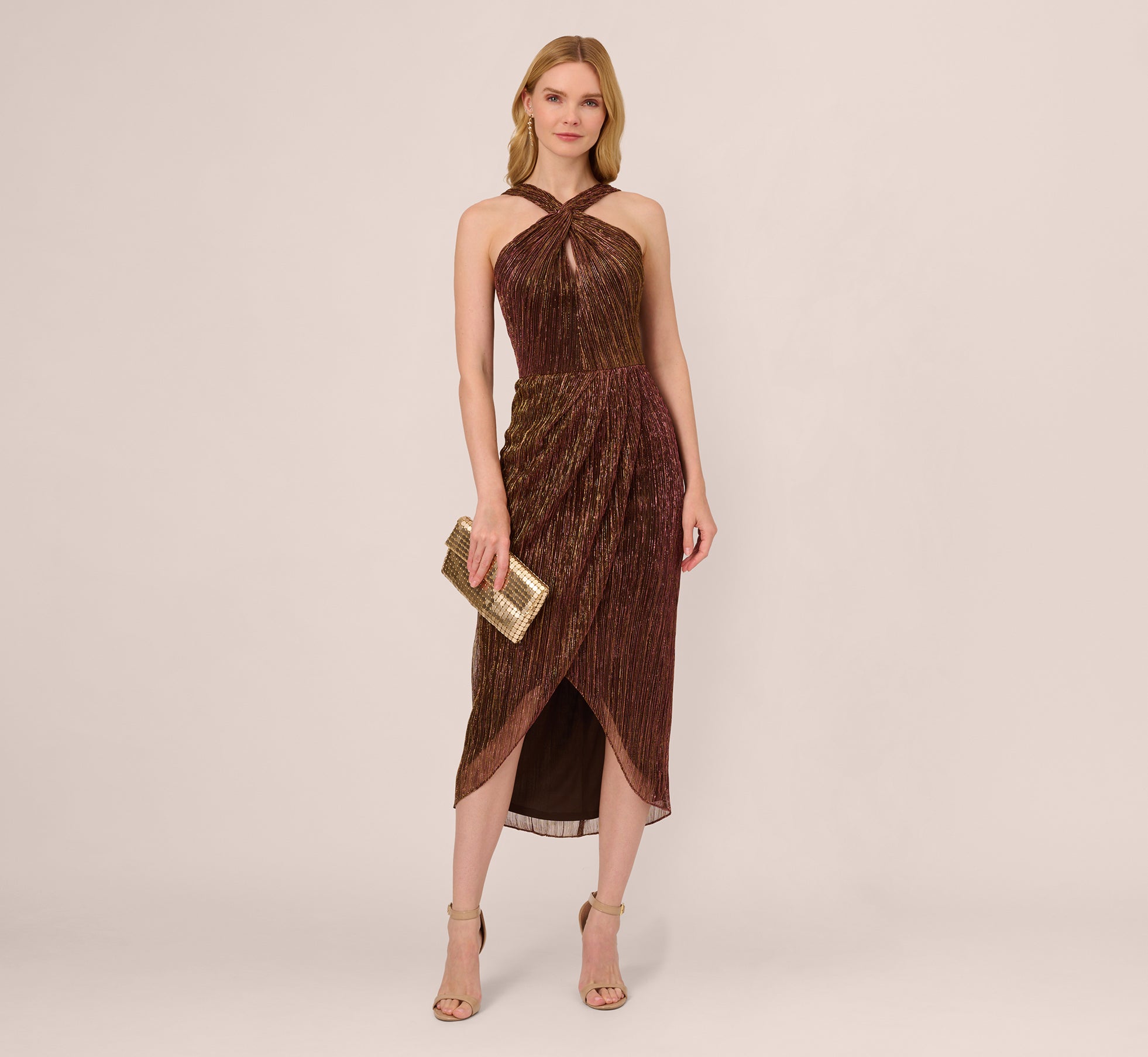 Metallic Knit Halter Midi Dress With Wrap Skirt In Copper Adrianna