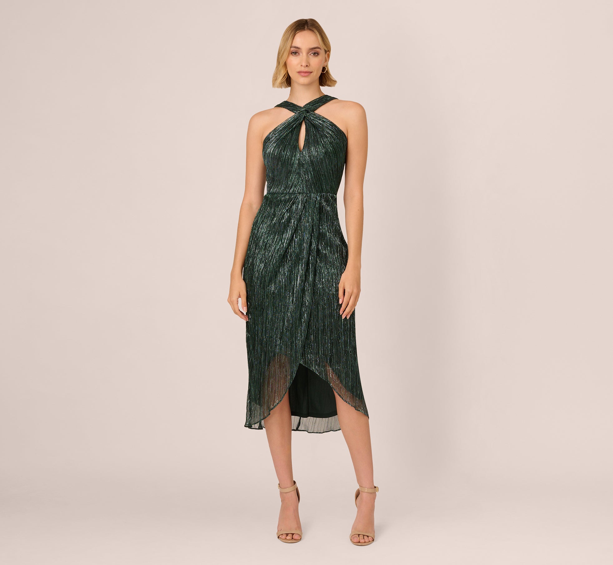 Metallic Knit Halter Midi Dress With Wrap Skirt In Green Pine 1