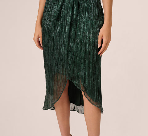 Metallic Knit Halter Midi Dress With Wrap Skirt In Green Pine