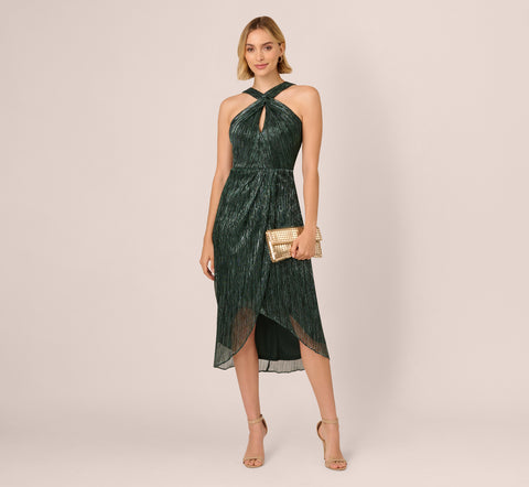 Metallic Knit Halter Midi Dress With Wrap Skirt In Green Pine