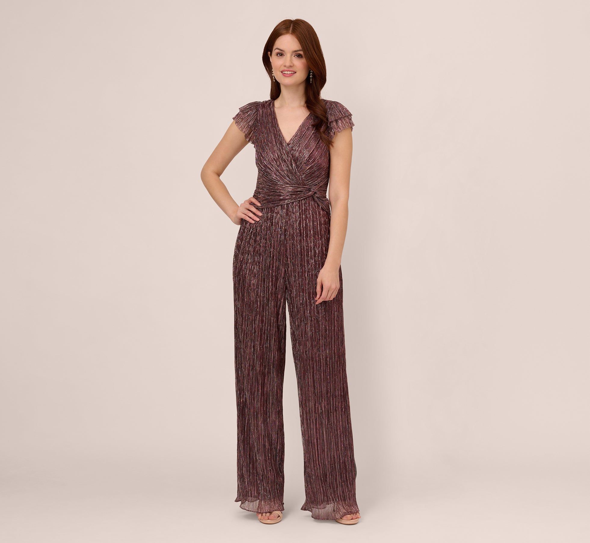 Metallic Crinkle Wide Leg Jumpsuit With Short Sleeves In Plum