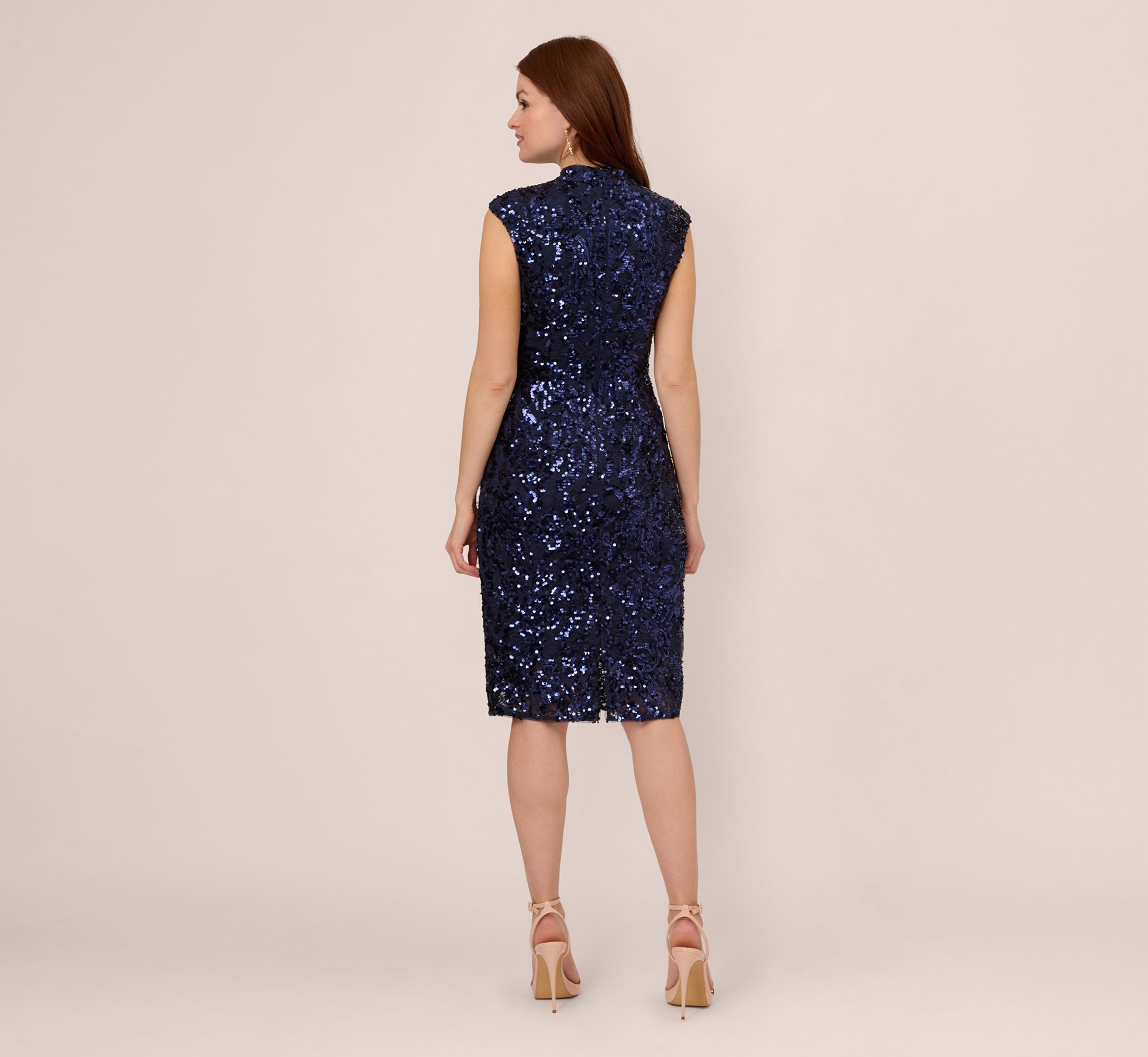 Sequin Lace Sleeveless Midi Dress With Mock Neck In Navy
