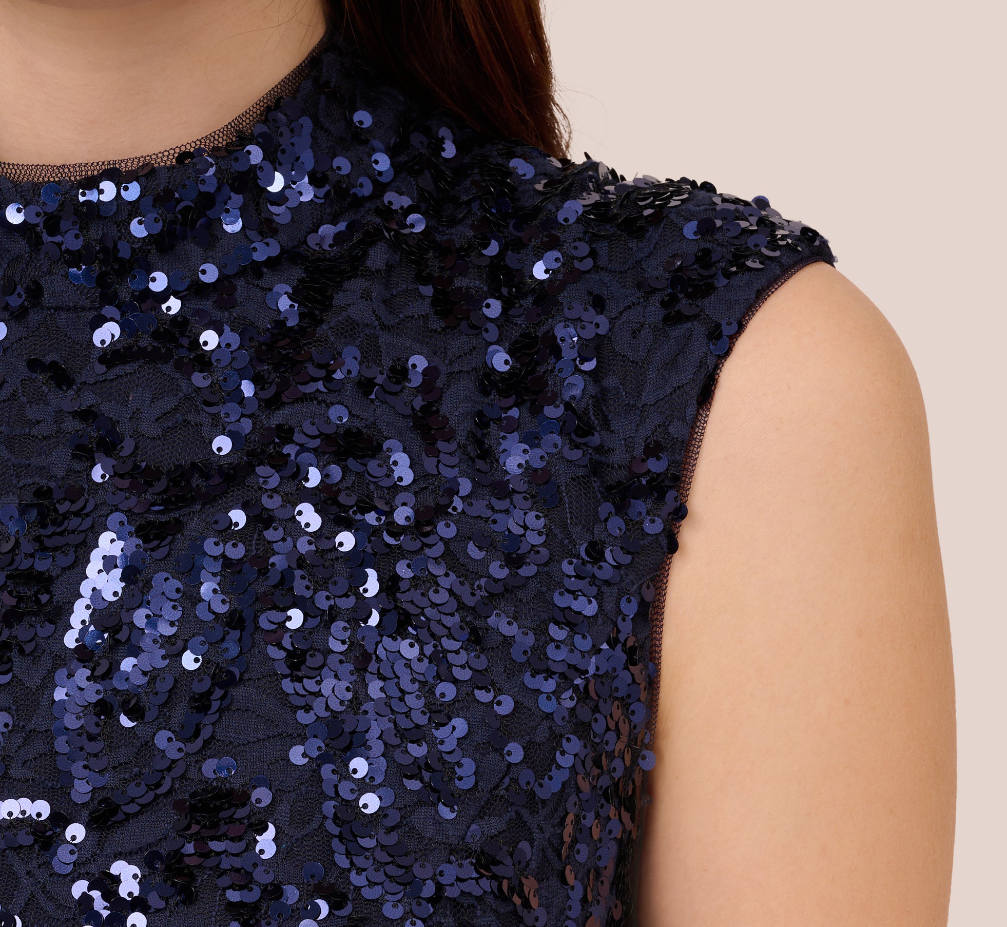 Sequin Lace Sleeveless Midi Dress With Mock Neck In Navy